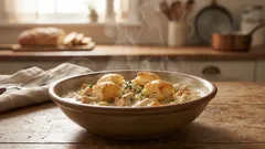 Pomysł na obiad bez stresu: kremowy gulasz z kurczaka z grzankową posypką